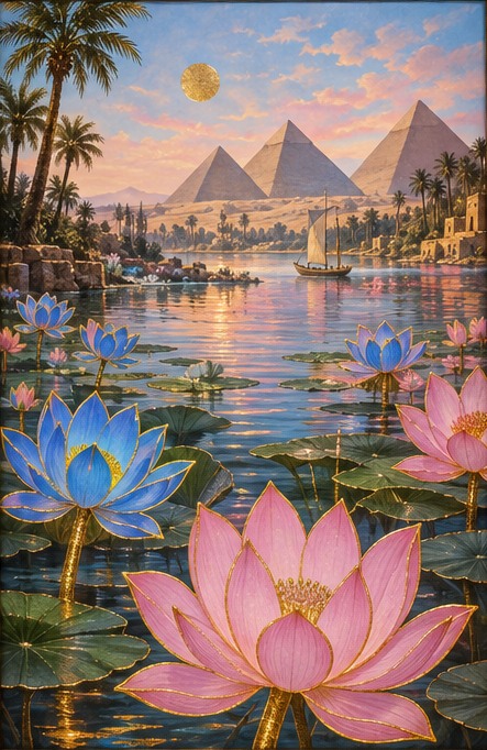 Blue and pink lotus blossoms, golden accents, a river, and distant pyramids in a KHEPRI artwork concept